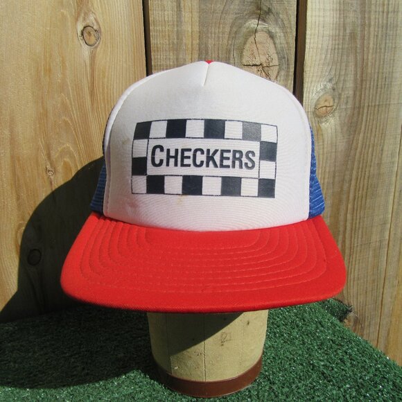 Vintage Checkers Flag Speedway Red White Blue Snapback Baseball Hat Trucker Cap - Picture 1 of 10